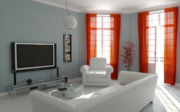 sala de estar con paredes grises y cortinas rojas, que son transparentes