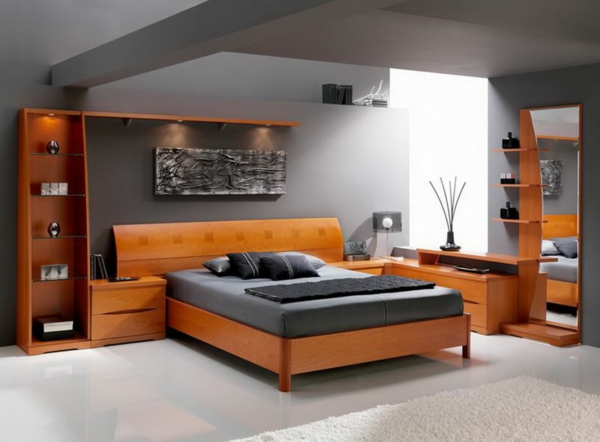 сива стена в спалнята - модерен дизайн