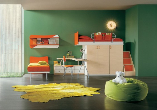 gris-pared-diseño-en-juvenil-habitación-muebles en naranja