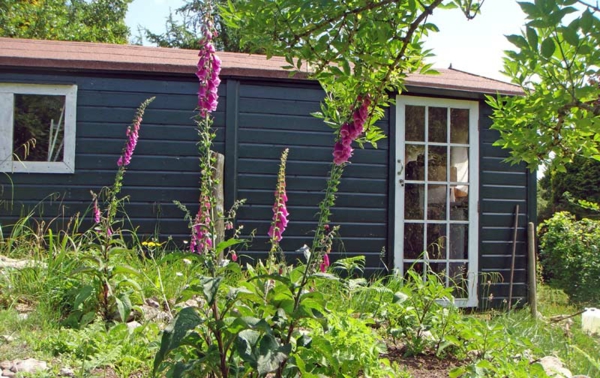 siva vrtna kuća švedskog stila - cvijeće u ljubičastoj boji