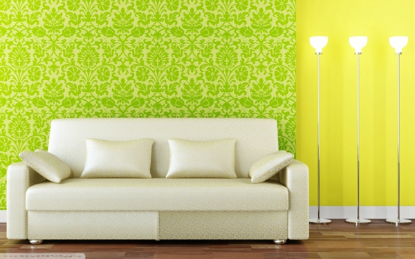 флаш-цветна всекидневна-тапети-зелено-жълто-кремаво-бял диван