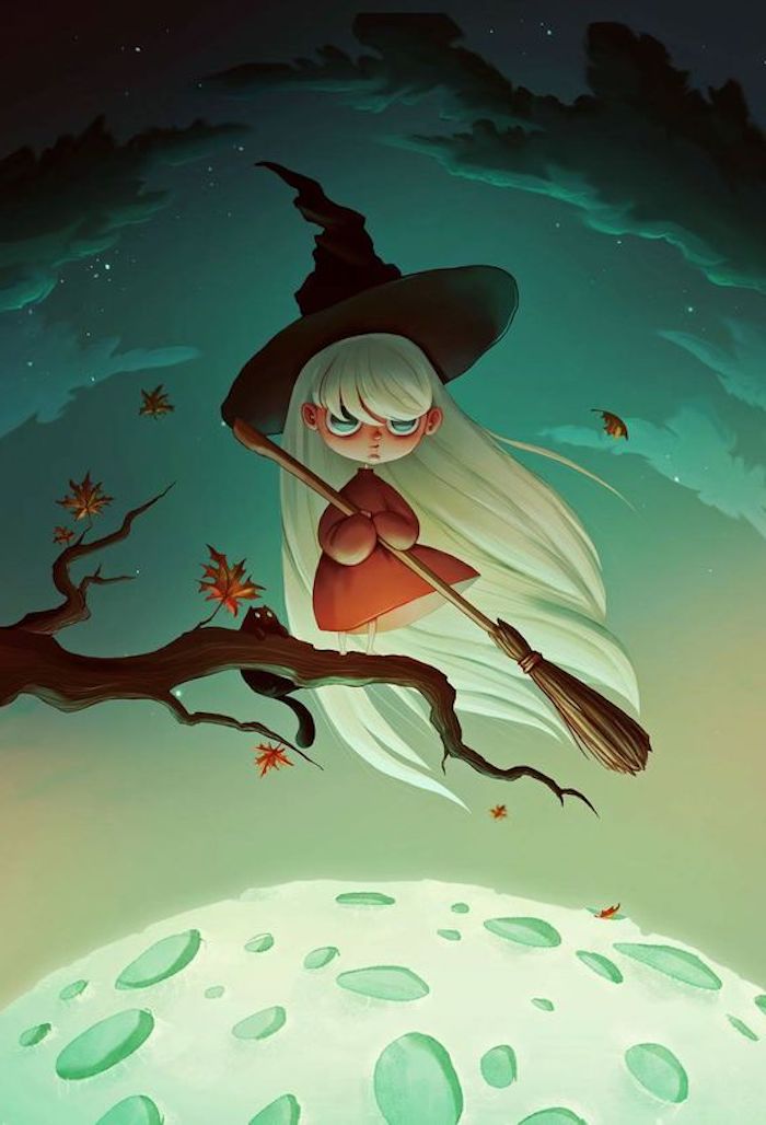 fehér haj egy kis boszorkány seprűvel és egy fekete boszorkány kalap - Halloween képek