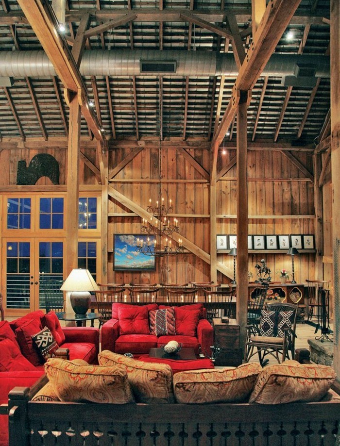 дървена апартамент елегантни червени дивани