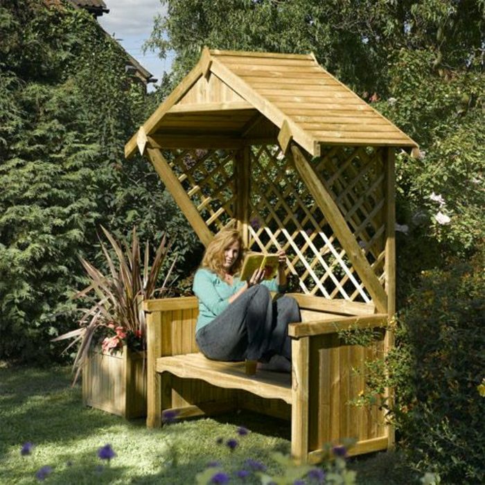 дървена градинска пейка-мрежести стени Покрив жена-Book читалня тихо-удобно-уютна