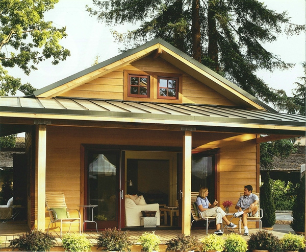 drvena kuća-veranda-samograditelj i žena razgovaraju jedni s drugima - gradite verandu sami