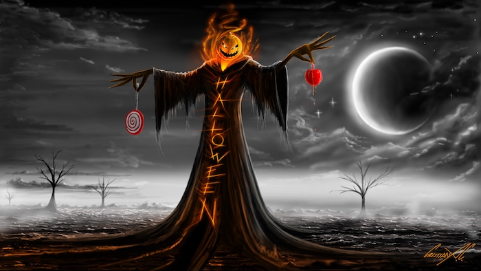 Halloween background - umjetničko djelo s slamnatom lutkom koja je začarana