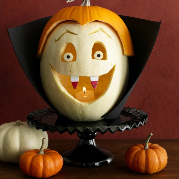 Carve and decorate kurpitsa, Dracula kasvot, DIY ideoita lapsille ja aikuisille, suuri Halloween koristelu