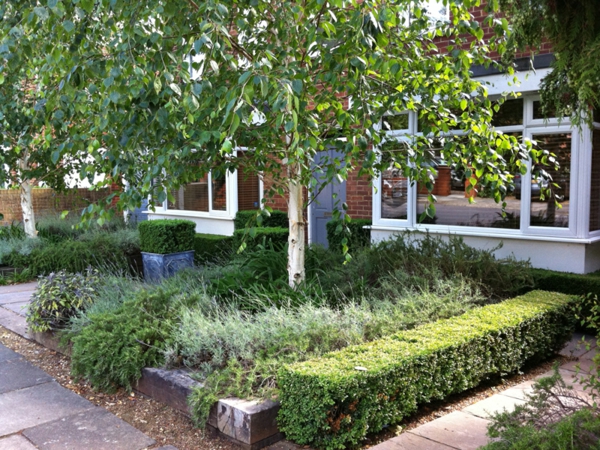 Σπίτι μπροστινή αυλή με ένα δέντρο-όμορφη πρόσοψη κήπο