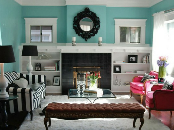 svijetlo tirkizno zid u boji-dnevni boravak dizajn-prugasti kauč-u-crno-bijelo