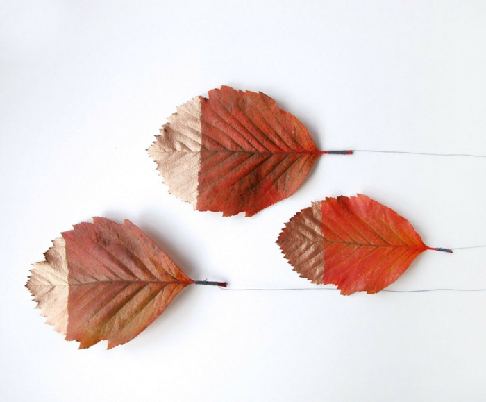 Боядисвайте есенните листа и ги залепете с конец, прости идеи за вдъхновение за вдъхновение и имитация