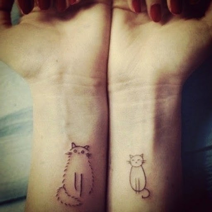 Tässä on kaksi kättä ja kaksi pikku mustia kissojen tatuointeja ranteessa