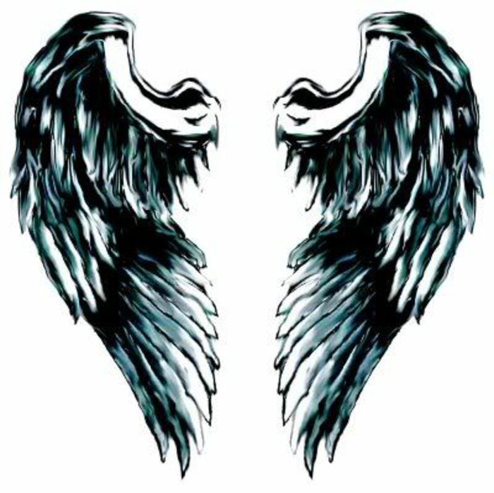 yksi ideoista mustan enkelin tatuoinnille - tässä on suuria mustan enkelin siivekkeitä, joissa on pitkät höyhenet