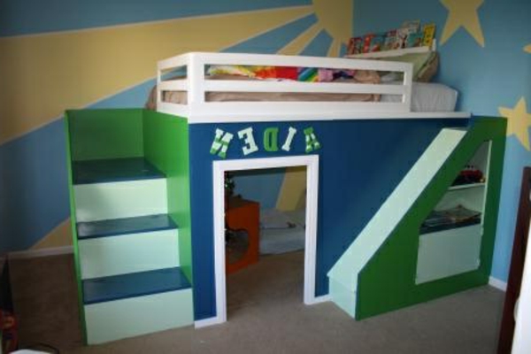 سرير عالي للأطفال - أزرق وأخضر