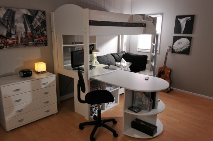 lit superposé-propre-accumulation lit-avec-bureau et armoire