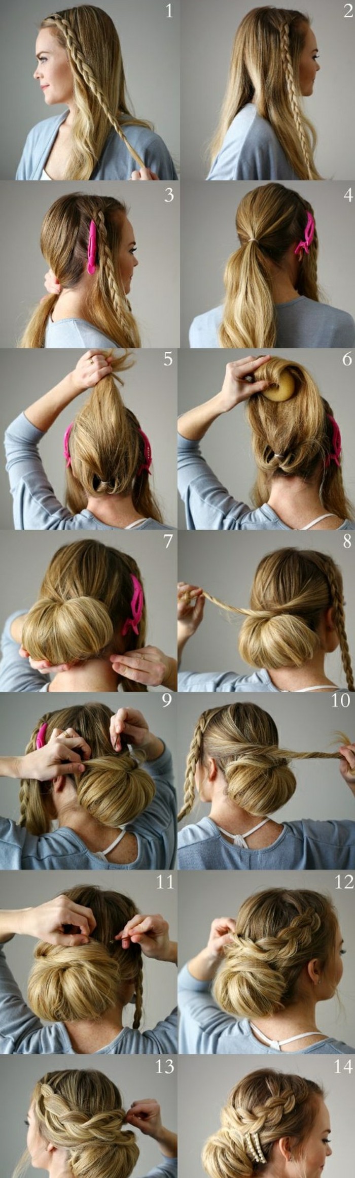 updo hairstyles-εγχειρίδιο-γκρι-μπλούζα-μακρύ-ξανθά μαλλιά-pin up-πλεξίδα-tie-diy-χτένισμα