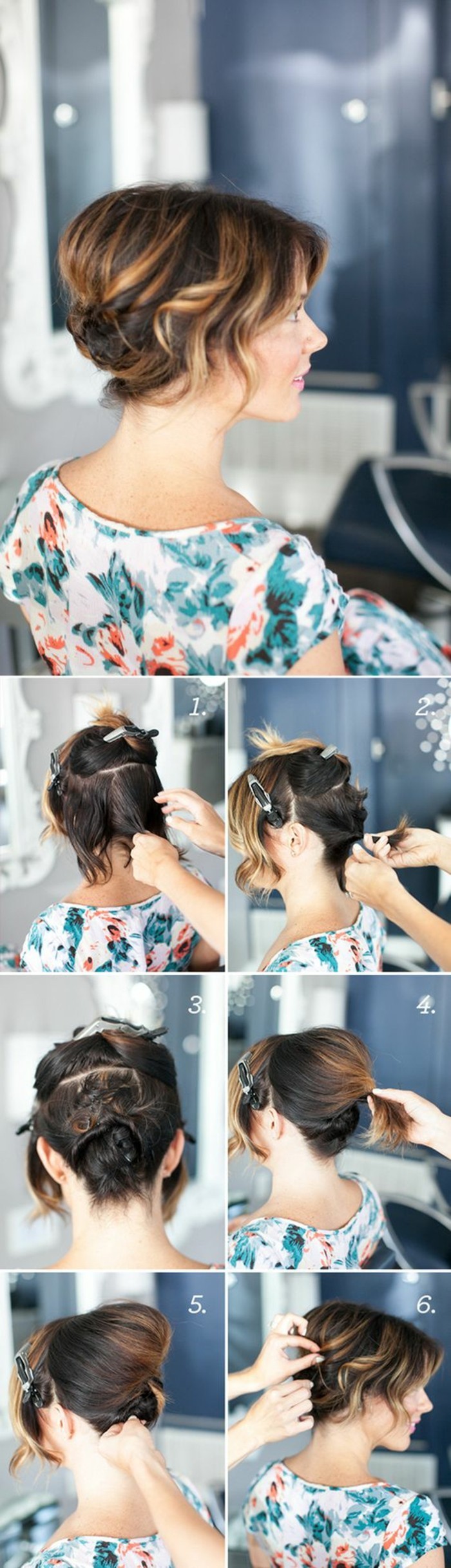 updo hairstyles-εγχειρίδιο-κοντά καστανά σγουρά μαλλιά-pin up-diy-χτένισμα-πολύχρωμο-μπλούζα-γυναίκα