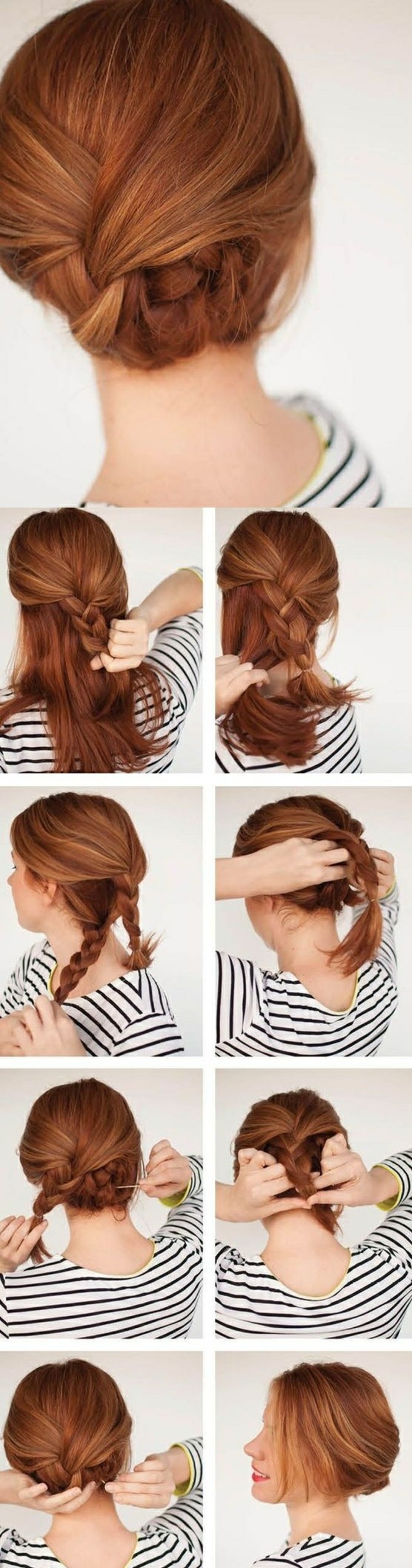 updo hairstyles-εγχειρίδιο-κόκκινο-μεσαίου μήκους μαλλιά-γυναίκα-πλεξίδα-tie-χτένισμα-yourself-make