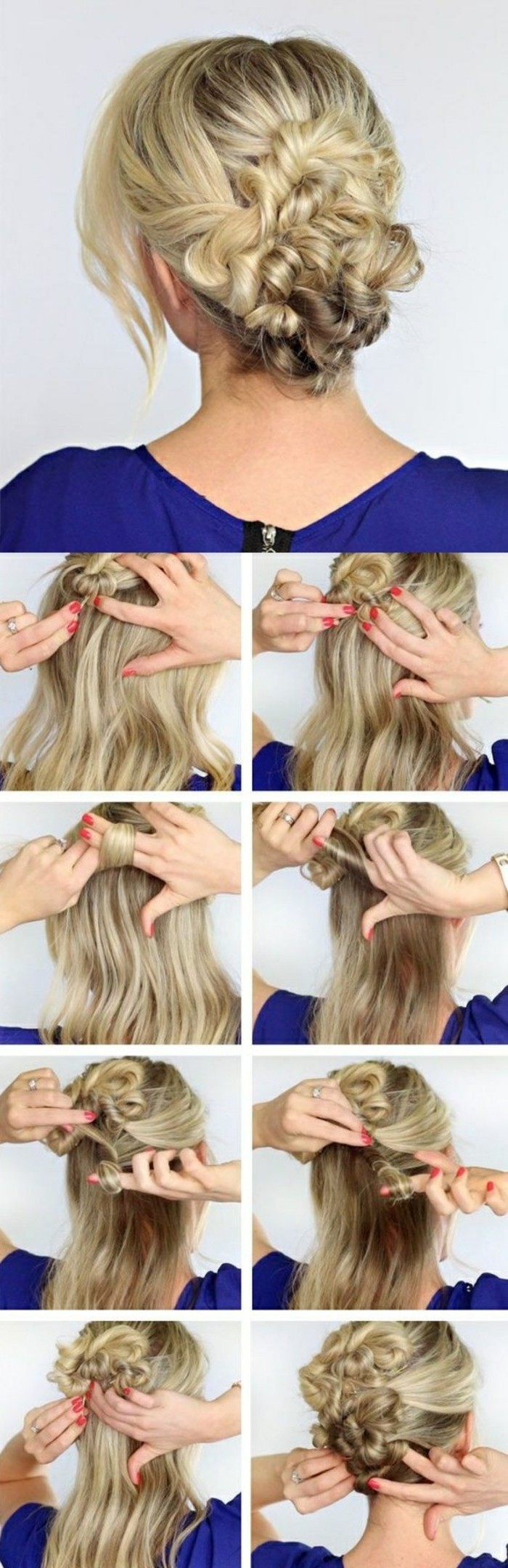 updo hairstyles-yourself-make-ξανθιά-μακρύ-μαλλιά-pin up σκούρο βερνίκι μπλε-μπλούζα-γυναίκα-κόκκινο-καρφί