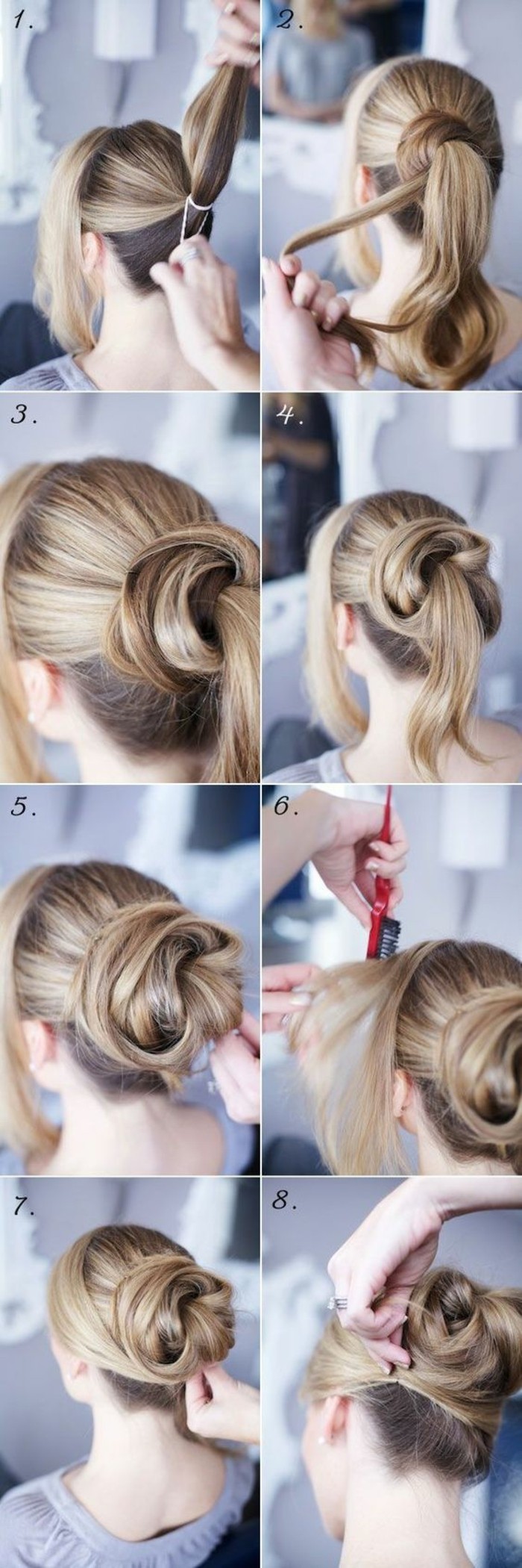 updo frizura-se-stvaranje dugo-plava-kosa-pin up-uradi-frizura ženski češalj