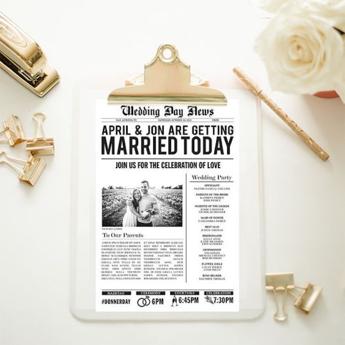 Vjenčani novine za ljubavni par fotografiju na livadi i veliki naslov