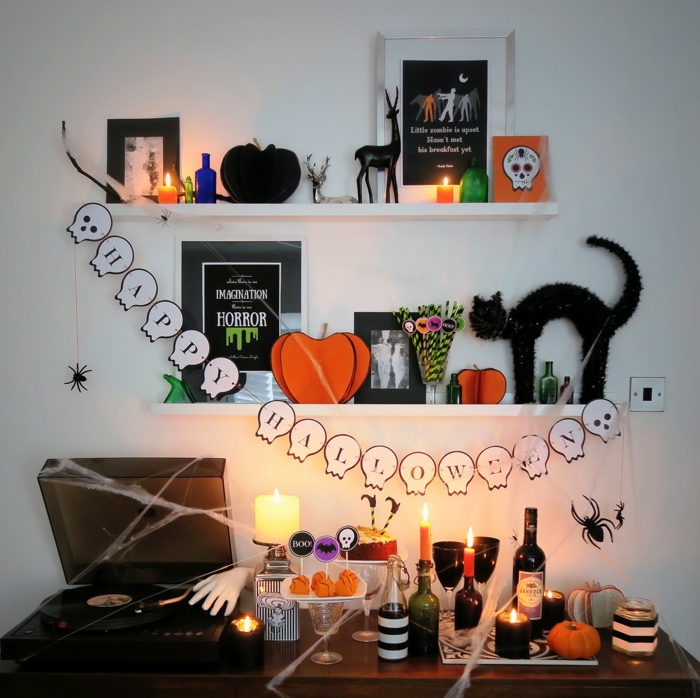 Halloween dekorációs ötletek, Happy Halloween garland, papír sütőtök, boszorkány macska és koponya