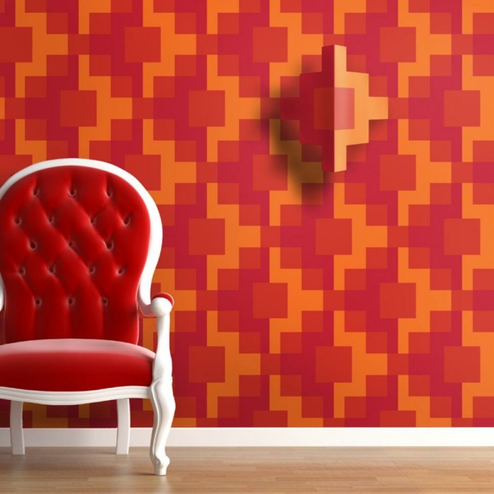 ενδιαφέρουσα 3d ταπετσαρία-σε-κόκκινο-και-πορτοκαλί-κόκκινο-καρέκλα στο δωμάτιο