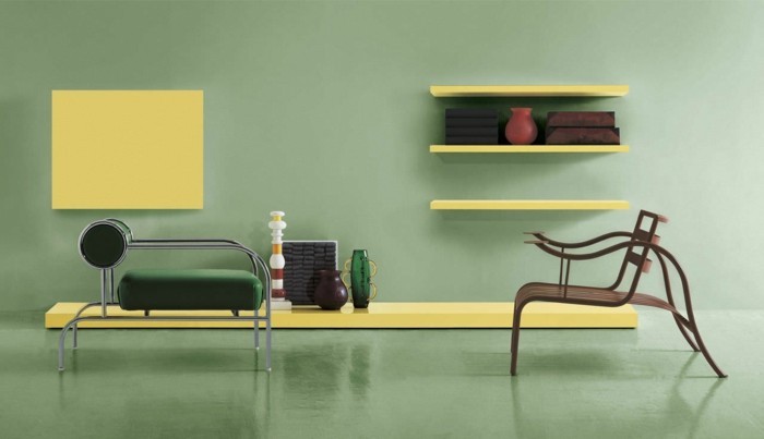 интересни жълто-шкафове-и-рафтове до стената-модерен-дневна стена дизайн