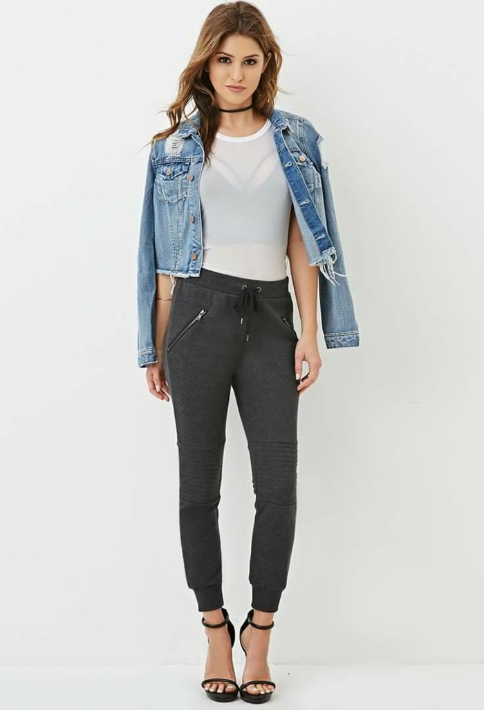pantalones de chándal para mujer chaqueta de jeans y blusa transparente