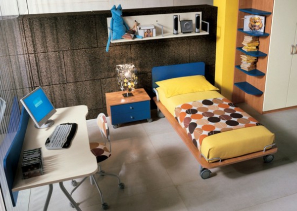 детска стая-екипировка-бюро-легло с жълто легло - модерен дизайн