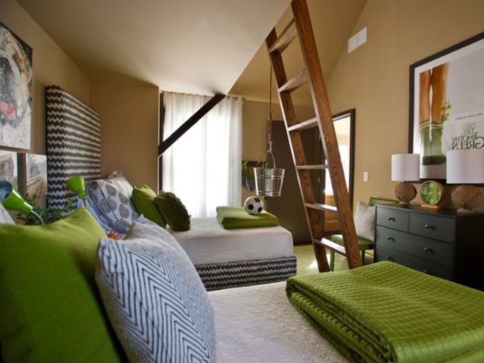 spavaća soba za mlade u boji-kreveta-u-zeleni zid u boji-latte macchiato-