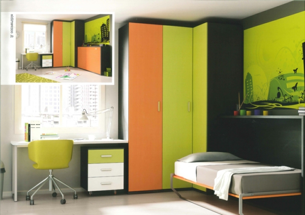 υπνοδωμάτιο νεολαίας με ντουλάπα, κρεβάτι-πράσινο-πορτοκαλί