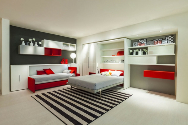 chambre jeunesse avec placard lit-rouge-