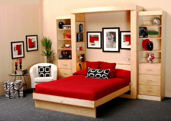 spavaća soba za mlade s ormar-kreveta-crveno-deco-slike