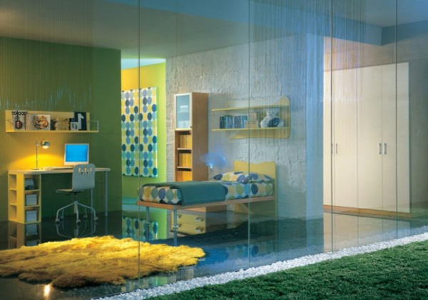 muebles de jugenzimmer-amueblar-azul-y-amarillo-moderno, pared verde