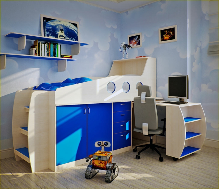 חדר ילדים להגדיר את המיטה חכם עיצוב כחול בז 'שולחן המחשב צעצוע הספר