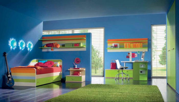 ילדים רעיונות בחדר כחול וירוק צבע גיטרה צבעוניים כמו קשת שולחן השינה