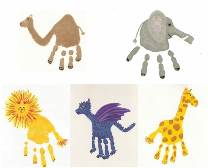 kameli, elefantti, leijona, lohikäärme, kirahvi - kädenjälkikuvat