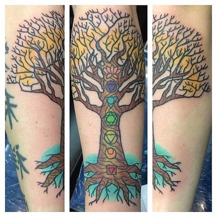 stablo života tetovaža s različitim simbolima uređenim jedni na druge