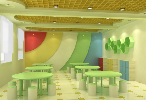 детска градина-интериор-зелено-кръгли маси и лампи за таван