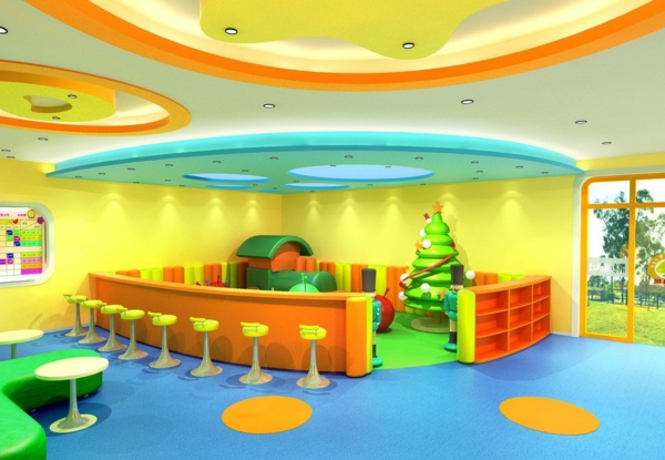 детска градина-интериор-ултра-модерен-прием в зелено-оранжево-жълт