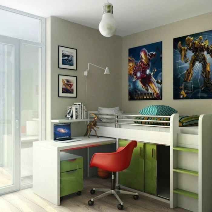 φυτώριο-make-πράσινο-γκρι-κρεβάτι-on-γραφείο-γραφείο-συρόμενες πόρτες, κάτω από το κρεβάτι Red-καρέκλα-βεράντα
