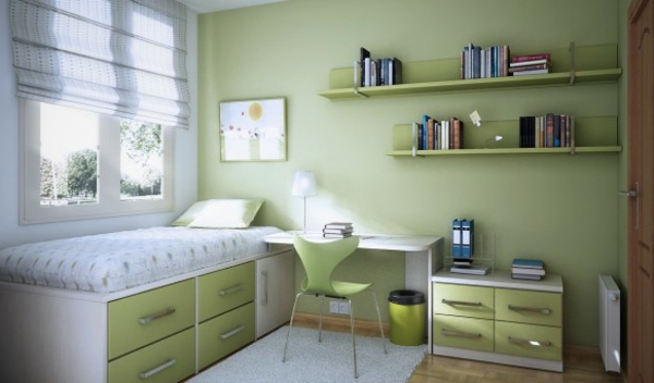 escritorio, ropa de cama blanca y pintura de pared verde para la habitación de los niños