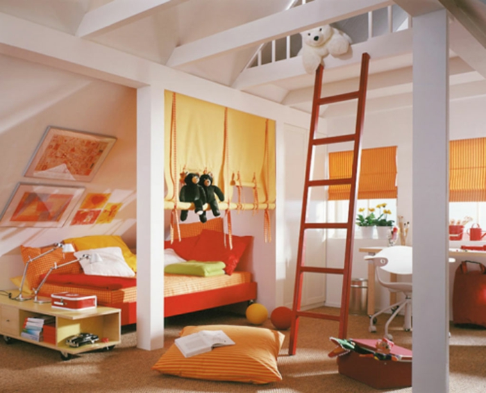 יפה, חדר ילדים, עיצוב, רעיון, חדר, לבן, כתום, מדרגות, גדול, pillows