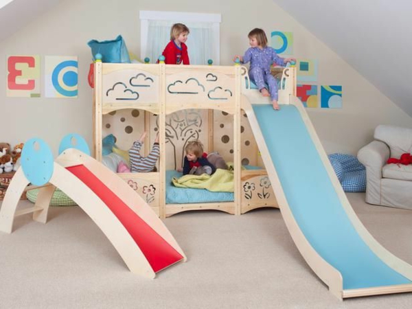 Две плъзгачи в детската стая Модерен дизайн на легло на два етажа