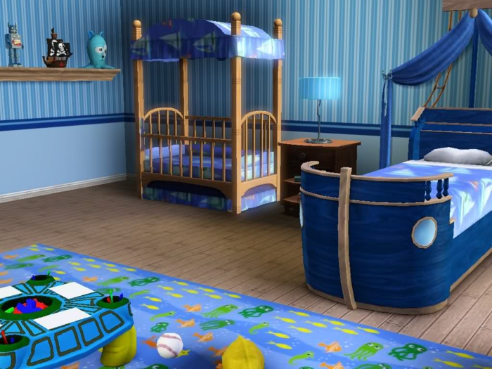 dva ležaja za dječake - dječji krevetić i veći krevet u plavoj boji - gusarski vrtić