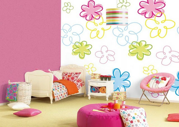 Pared de la pintura floral del diseño de pared del cuarto de niños en color rosado