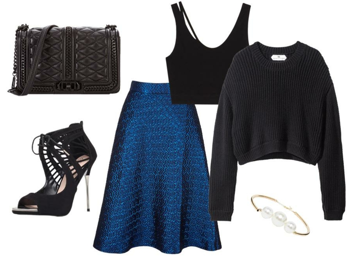облекло код лято празнични черно и синьо син рокля черна пуловер чанта високи ток обувки