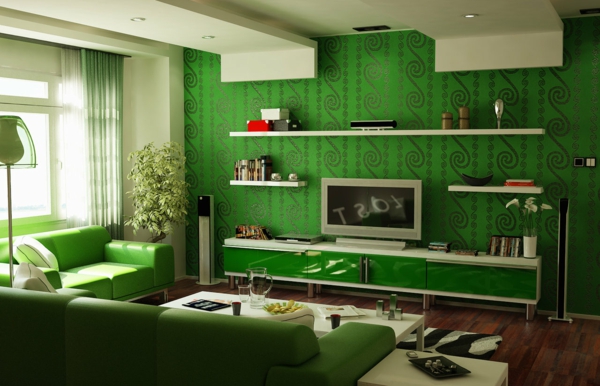 نموذج غرفة المعيشة الصغيرة مع تصميم الجدار الأخضر