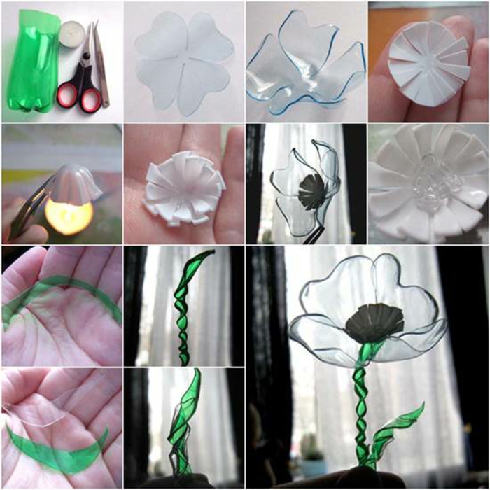 upcycling botellas, tijeras, vela, pinzas, hacer flor de plástico