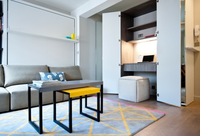 μικρό-διαμέρισμα-set-ενσωματωμένο γραφείο-ενσωματωμένο ράφια-ντουλάπα-πρότυπο χαλί-καναπέ-γκρι